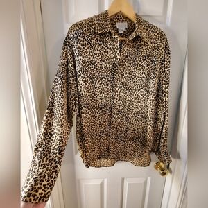 Vintage Linda Hutton Womens 14 Silk Leopard Print Button Up Blouse